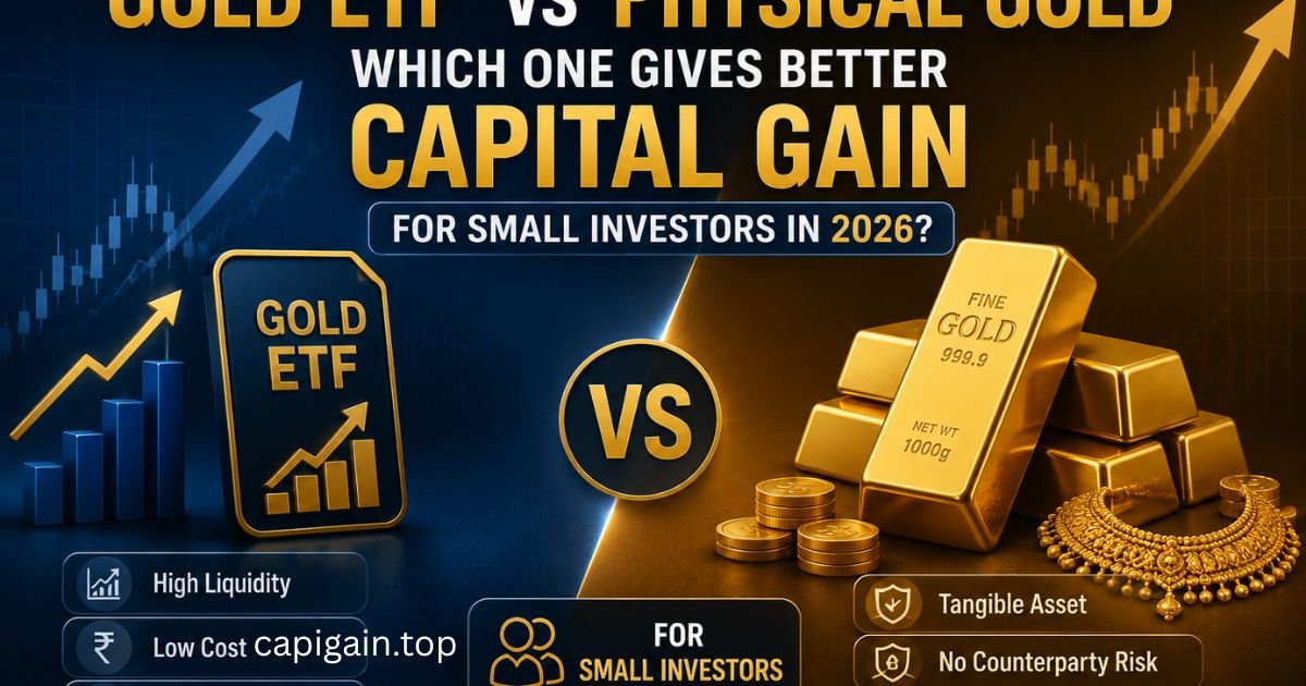 **Alt Text:** Gold ETF vs Physical Gold comparison image showing digital Gold ETF investment on one side and physical gold bars and jewelry on the other, highlighting which option offers better capital gains for small investors in 2026 with financial charts and growth arrows.