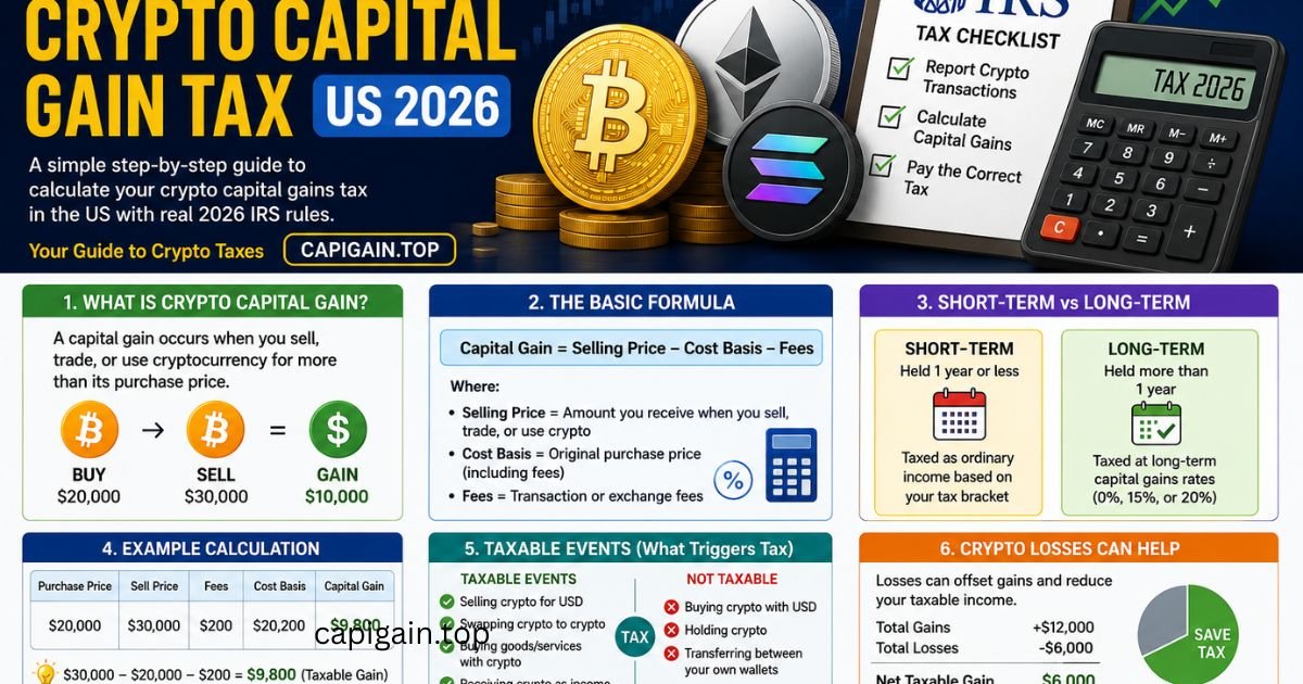 Crypto Capital Gain Tax US 2026 guide infographic showing how to calculate cryptocurrency capital gains tax, IRS reporting rules, Bitcoin and Ethereum tax examples, short-term vs long-term capital gains, taxable events, crypto loss offsets, and tax-saving tips by Capigain.top."