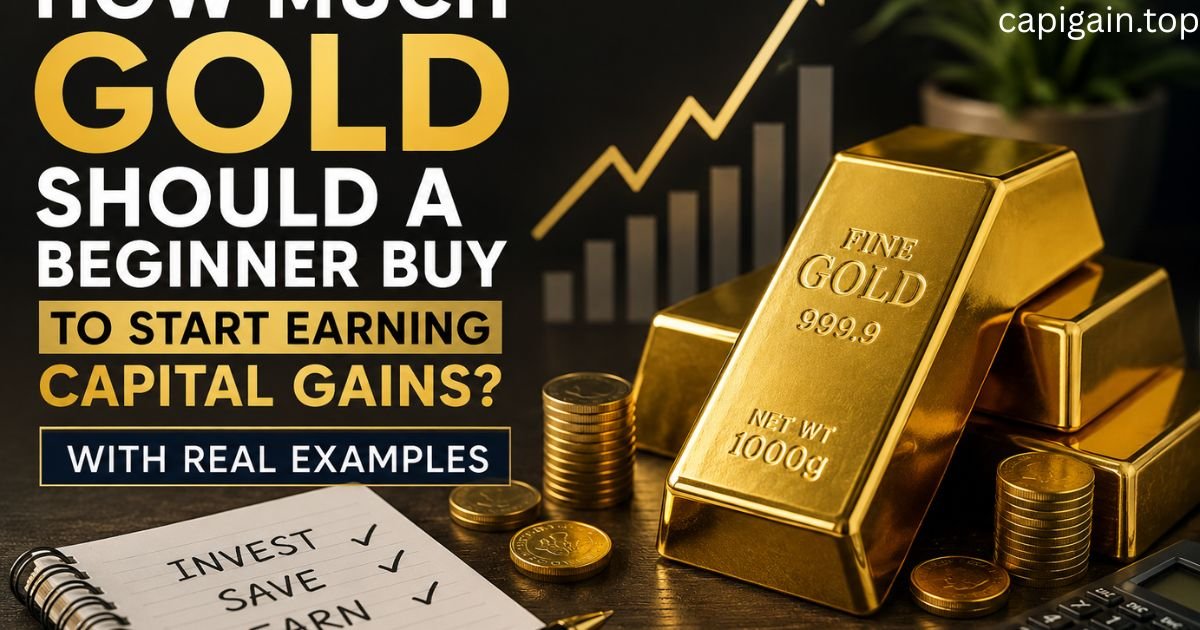 **Alt Text:** Gold investment feature image showing gold bars, gold coins, an upward financial chart, calculator, and the title “How Much Gold Should a Beginner Buy to Start Earning Capital Gains? With Real Examples” representing beginner gold investment and profit growth concepts.