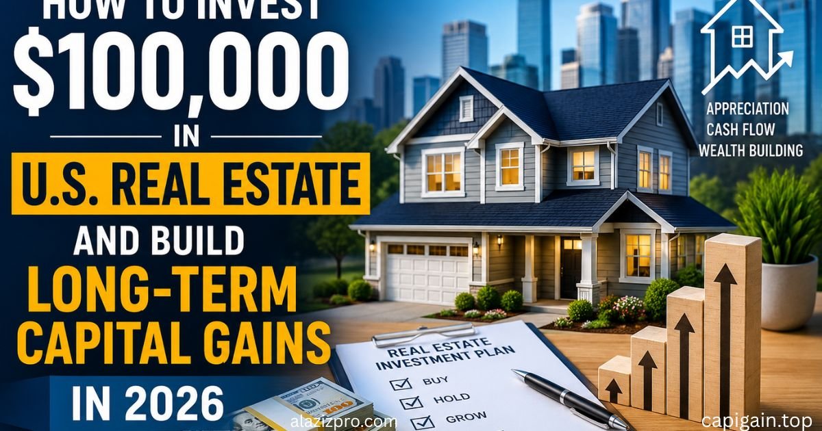 **Alt Text:** "Feature image showing a modern U.S. suburban house with a city skyline in the background, stacks of $100 bills, a real estate investment plan checklist, and rising growth bars. Large text reads: 'How to Invest $100,000 in U.S. Real Estate and Build Long-Term Capital Gains in 2026.' The image represents real estate investing, property appreciation, wealth building, and capital gains strategies."