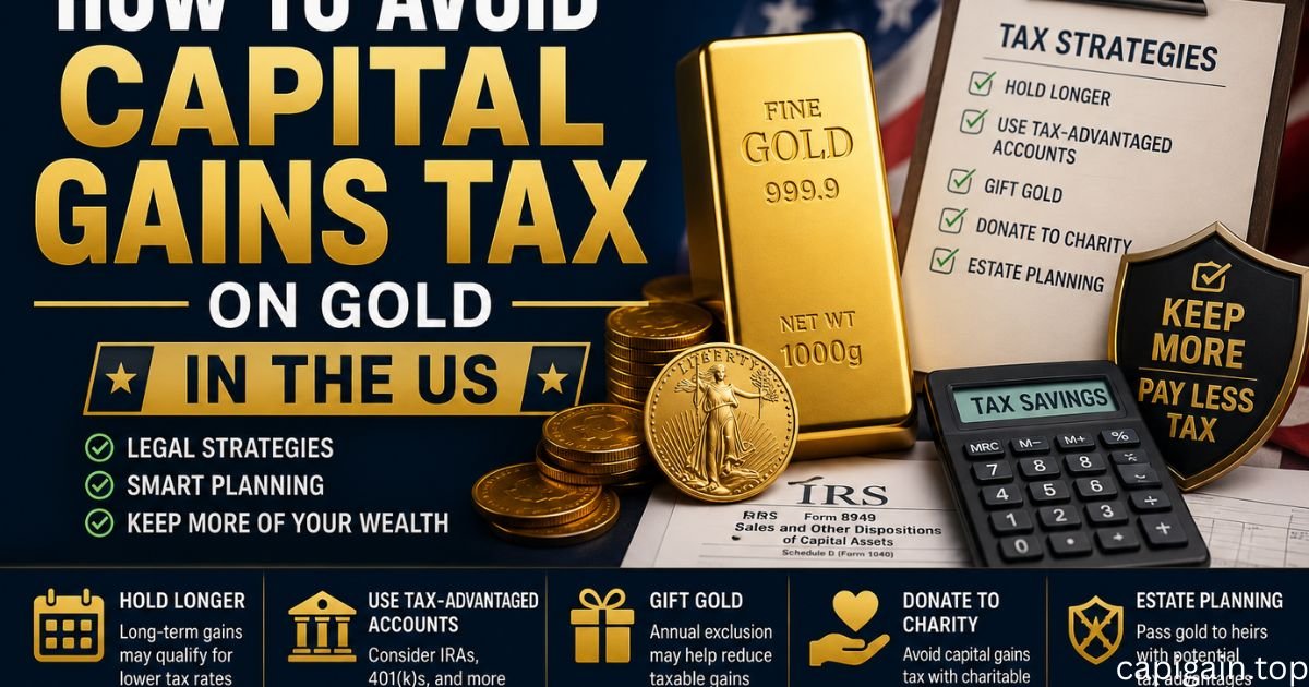 **Alt Text:** "Feature image about avoiding capital gains tax on gold in the United States. The graphic shows gold bars, gold coins, an IRS tax form, a tax savings calculator, and a checklist of legal tax strategies. Bold headline text reads 'How to Avoid Capital Gains Tax on Gold in the US,' highlighting options such as long-term holding, tax-advantaged accounts, gifting gold, charitable donations, and estate planning."