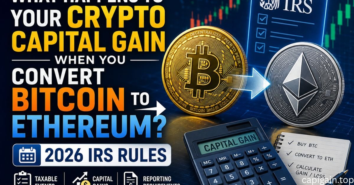 **Alt Text:** "Feature image illustrating crypto tax implications of converting Bitcoin to Ethereum under 2026 IRS rules. The graphic features Bitcoin and Ethereum coins connected by an arrow, an IRS tax form, a capital gains calculator, and financial chart background. Bold headline text asks what happens to crypto capital gains when converting Bitcoin to Ethereum, highlighting taxable events, reporting requirements, and IRS regulations."